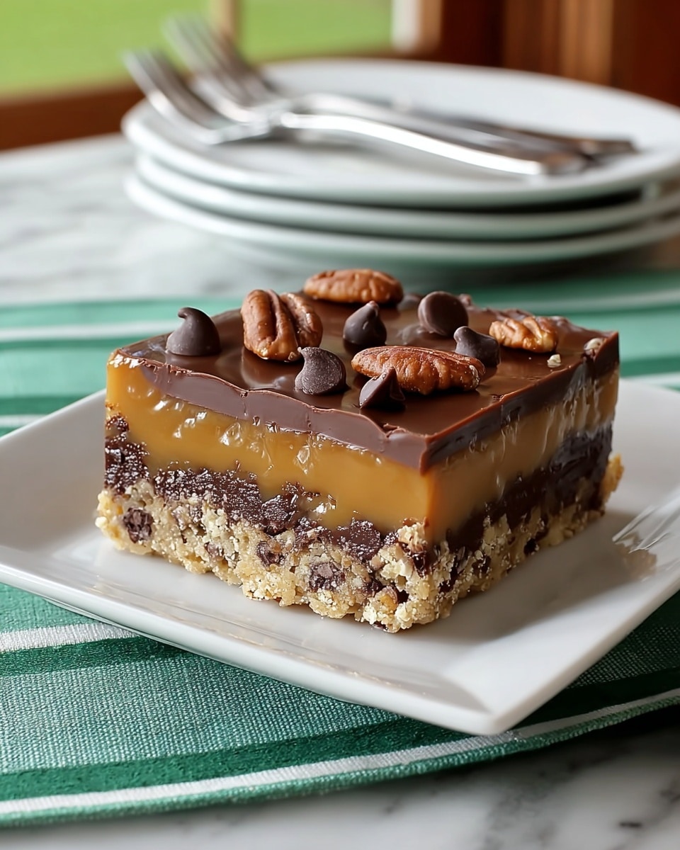 A square-shaped dessert bar sits on a white square plate placed on a green and white striped cloth over a white marbled surface. The dessert has four visible layers: the bottom layer is a crumbly, light brown base mixed with chocolate bits, above that is a dense dark chocolate layer, then a thick, smooth caramel layer with a few visible nut pieces, and the top layer is a glossy chocolate coating. The top is decorated with scattered whole pecans and dark chocolate chips. In the background, there are white plates stacked with silver cutlery resting on them, slightly out of focus. Photo taken with an iphone --ar 4:5 --v 7