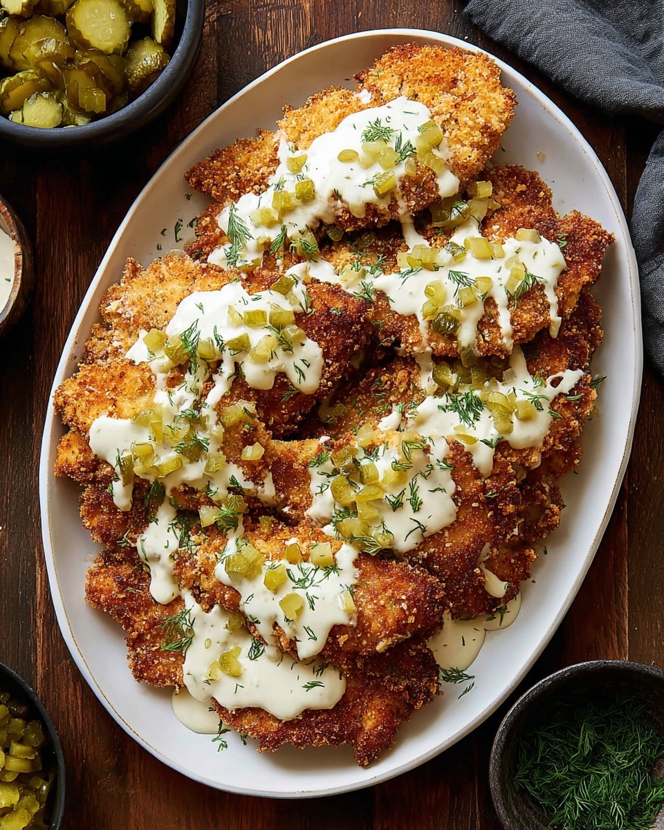 The image shows a white oval plate filled with several pieces of crispy golden-brown fried chicken cutlets stacked on top of each other, each piece coated with a crunchy breadcrumb layer. The cutlets are drizzled with a creamy white sauce scattered unevenly across the top. Small bits of green pickles are sprinkled over the chicken along with some finely chopped green herbs, likely dill, adding a fresh touch. The plate sits on a wooden surface with a bowl of chopped pickles and another bowl of green herbs nearby. The photo taken with an iphone --ar 4:5 --v 7