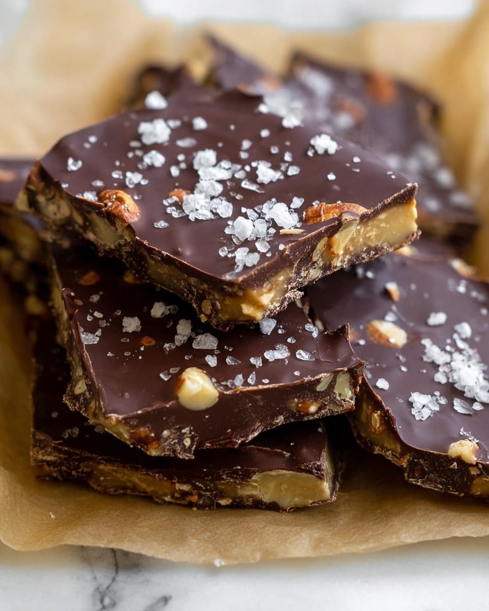 The image shows several pieces of chocolate bark food on parchment paper. Each piece has two main layers: a thick, smooth, dark brown chocolate layer on top with a few light brown nuts peeking through and some crunch added texture. The chocolate is sprinkled with large flakes of white sea salt. Below the chocolate, the bottom layer is rough, lighter brown, and nutty, giving the bark a firm look. The pieces are cut unevenly and stacked slightly on top of each other. The background is a white marbled texture. photo taken with an iphone --ar 4:5 --v 7