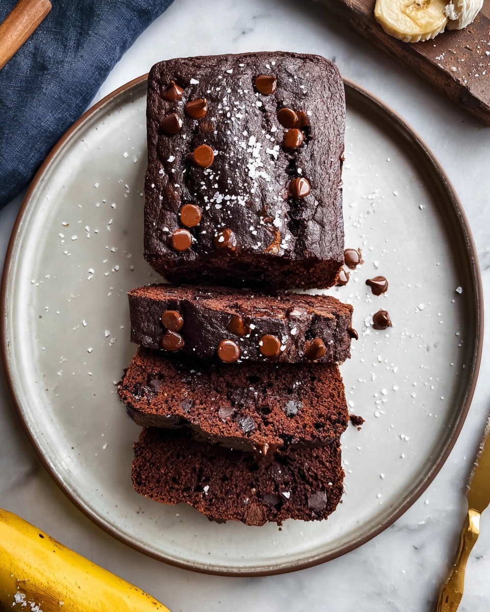 A dark chocolate loaf cake sits on a large white plate with a smooth matte finish. The loaf has a rich, cracked surface dotted with melted chocolate chips and sprinkled with coarse sea salt that glistens slightly. Three slices are cut from the loaf, showing a moist, dense interior filled with small chocolate pieces. The edges of the slices are slightly crumbly, and the varied brown tones highlight the cake's texture. The plate rests on a white marbled surface with some snack items and tools around it, including a ripe spotted banana at the bottom. photo taken with an iphone --ar 4:5 --v 7