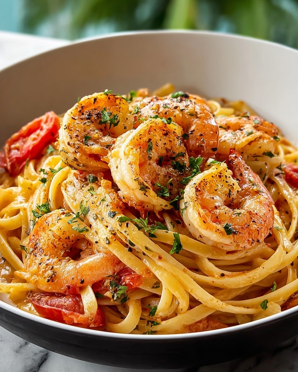 A bowl filled with creamy pasta noodles coated in a light orange sauce, topped with several plump, pink shrimp seasoned with black pepper and herbs, scattered fresh green parsley leaves, and slices of red tomatoes mixed among the noodles. The shrimp are curled and glossy, resting on the thick pasta strands which have a smooth texture. The bowl is white and placed on a white marbled surface with a blurred green background. Photo taken with an iphone --ar 4:5 --v 7