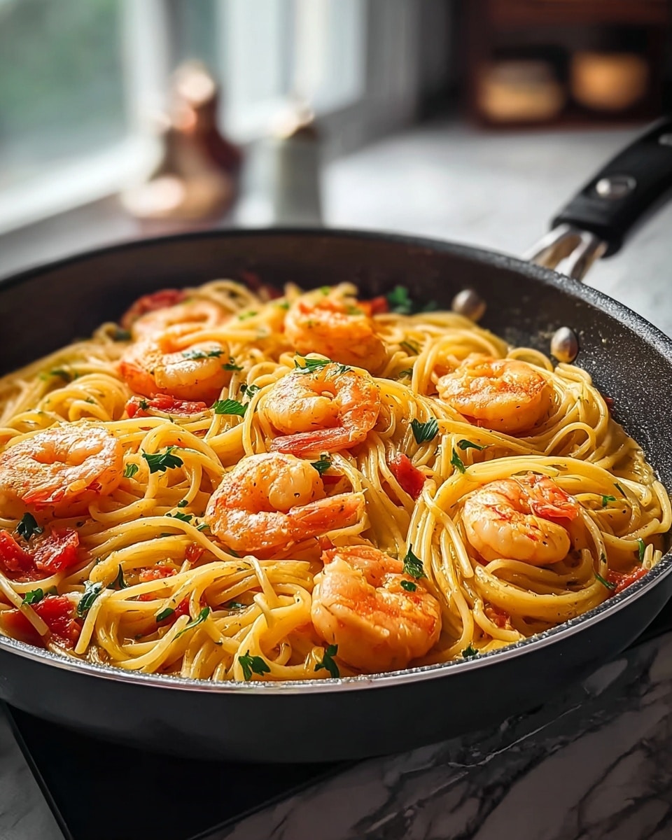 A close-up view of a black pan filled with cooked spaghetti pasta coated in a creamy orange-yellow sauce. Scattered on top are several large, cooked shrimp with a bright orange-pink color, curled nicely and glistening with sauce. Small pieces of red tomato and green parsley leaves are mixed into the pasta, adding contrast and freshness. The pan is placed on a black trivet on a white marbled surface, and the background shows blurry kitchen elements with soft natural light coming through a window. photo taken with an iphone --ar 4:5 --v 7