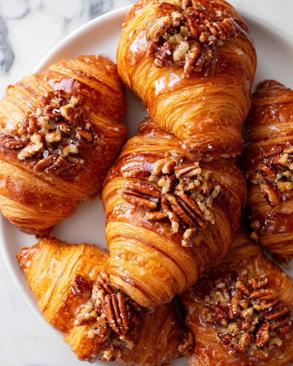 The image shows a close-up of several golden brown croissants arranged closely together on a white plate, each with a shiny, glossy finish from a sweet glaze. The croissants have multiple visible flaky layers, and the central part of each is filled with a sticky, nutty mixture containing whole pecans and finely chopped nuts, adding a rich texture and warm brown color. The white plate contrasts with the croissants, and the scene is set against a white marbled surface. photo taken with an iphone --ar 4:5 --v 7