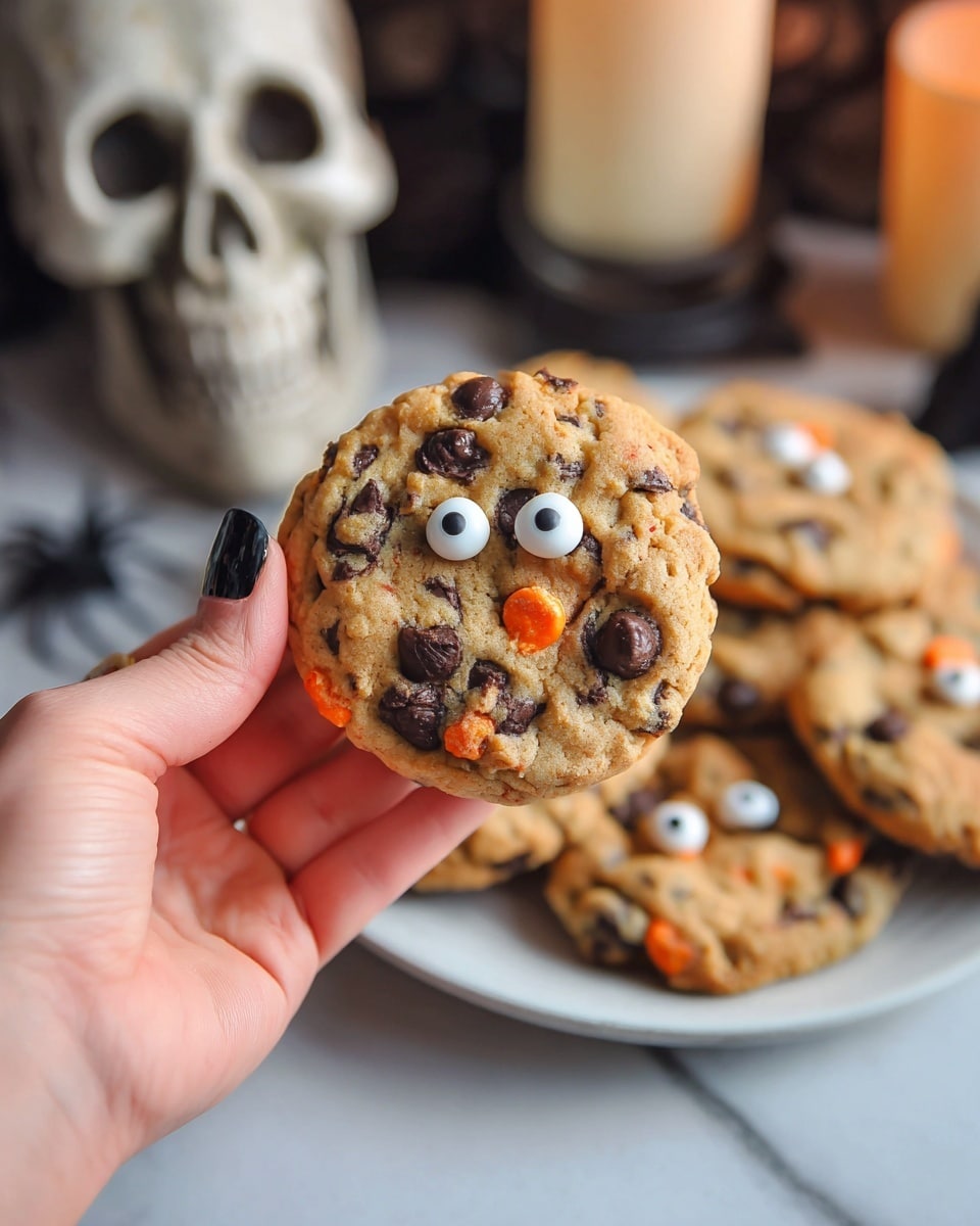 A close-up of a single round cookie with a light brown dough, dark chocolate chips, small orange bits, and two small candy eyes placed near the center to give a playful face look, held between the thumb and fingers of a woman's hand with dark nail polish, with a plate full of similar cookies slightly out of focus in the background on a white marbled surface. The cookie shows a soft, slightly chunky texture with visible mix-ins. The scene also includes blurred decorations such as ivory candles and a realistic skull in the background. Photo taken with an iphone --ar 4:5 --v 7