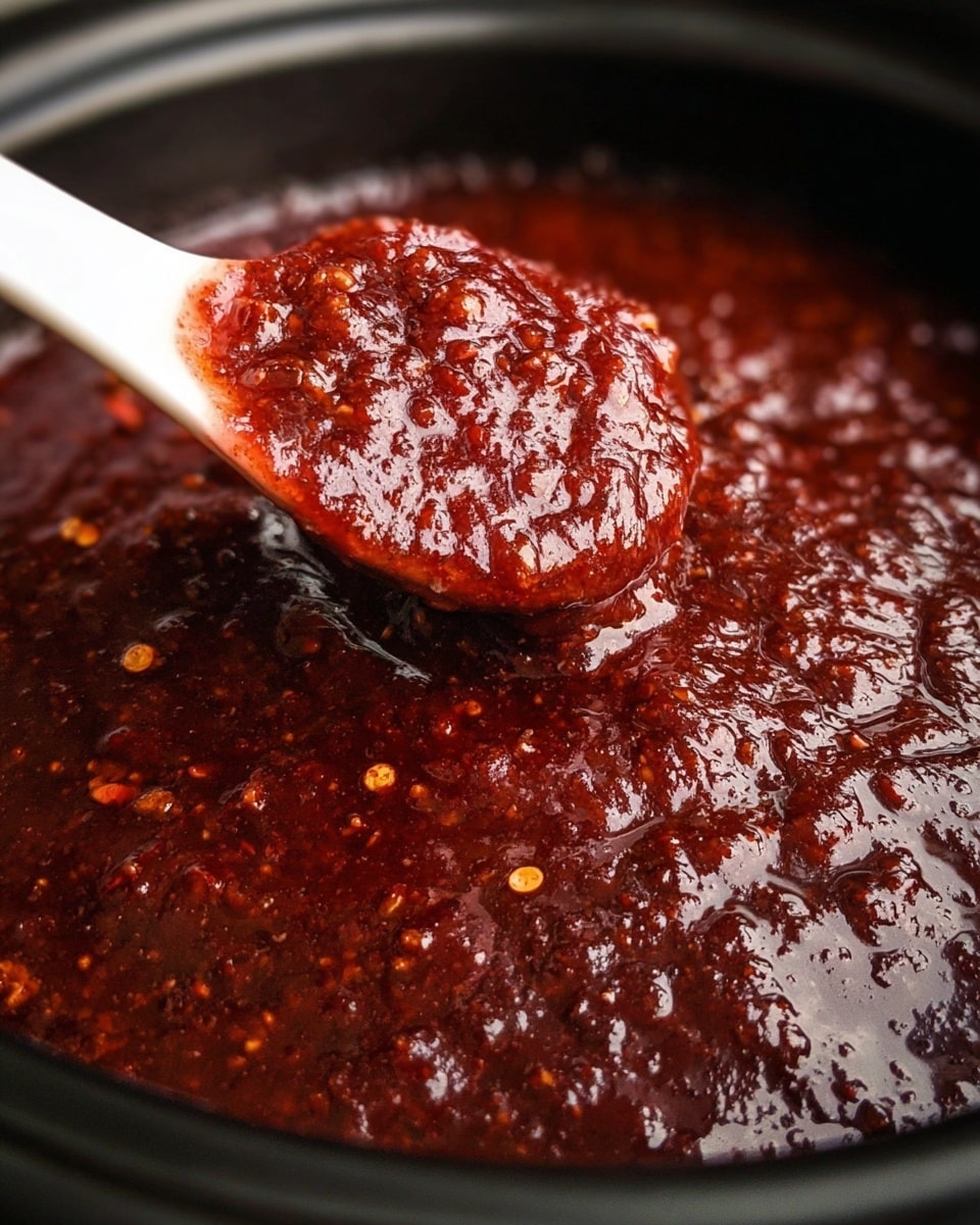 A thick dark red sauce with a slightly glossy texture, showing small bits and spices throughout. The sauce fills a black pot, and a white ceramic spoon is lifting a generous scoop of it, revealing a dense and somewhat chunky consistency. The sauce looks rich and smooth with a shiny surface reflecting light, highlighting its moist and thick nature. photo taken with an iphone --ar 4:5 --v 7