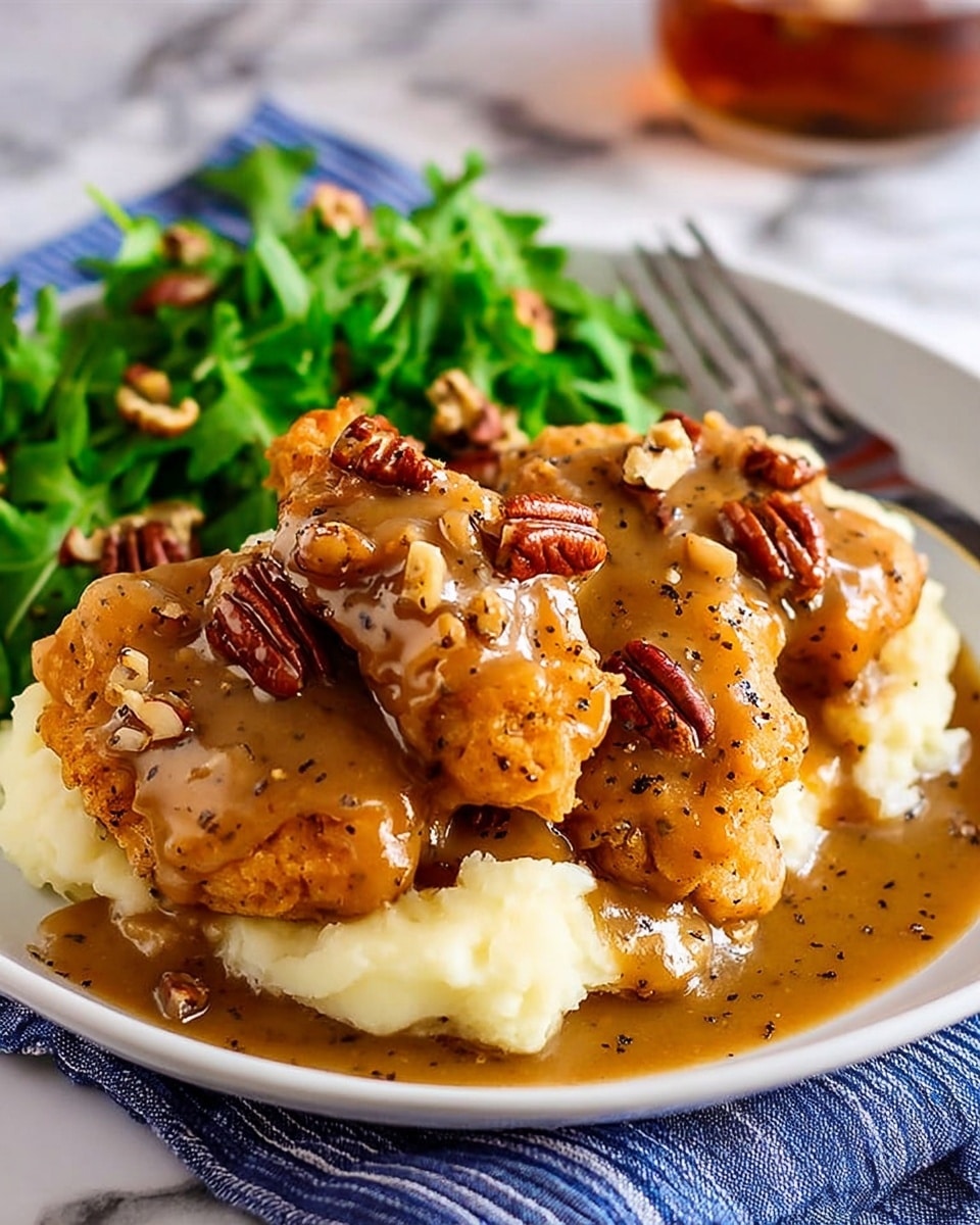 The image shows a white plate with a base layer of creamy mashed potatoes that are smooth and pale in color. On top of the mashed potatoes, there are three pieces of golden-brown fried chicken coated in a thick, glossy, brown gravy speckled with black pepper. The gravy also contains small chunks of what looks like pecans, some larger pieces visible on top of the chicken. Behind the chicken and mashed potatoes, there is a small pile of fresh green leafy vegetables for garnish. The plate is placed on a blue and white striped cloth with a fork in front, all set on a white marbled surface. Photo taken with an iphone --ar 4:5 --v 7