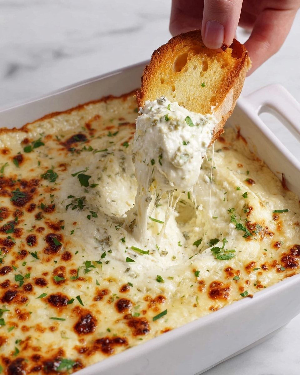 A white rectangular dish holds a creamy, cheesy dip with a golden-brown, bubbly top layer. This top layer is uneven with patches of roasted brown spots. The inside layer shows a smooth, thick, white cheese mixture with melted strings stretching up as a piece of toasted bread is dipped into it by a woman's hand. Fresh green herb bits are sprinkled over the surface, adding specks of color. The dish sits on a white marbled surface. photo taken with an iphone --ar 4:5 --v 7