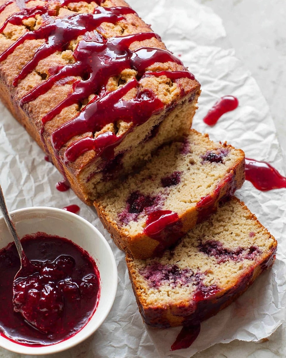 A loaf cake with a golden brown crust is shown, drizzled heavily with shiny, deep red berry sauce flowing in irregular lines across the top. Two thick slices have been cut from the cake, revealing a light beige crumb with dark berry swirls and chunks inside. To the left, there is a white bowl with leftover thick red berry sauce and a spoon inside. The whole scene rests on a white marbled textured surface with a crumpled white parchment paper underneath the cake. Photo taken with an iphone --ar 4:5 --v 7
