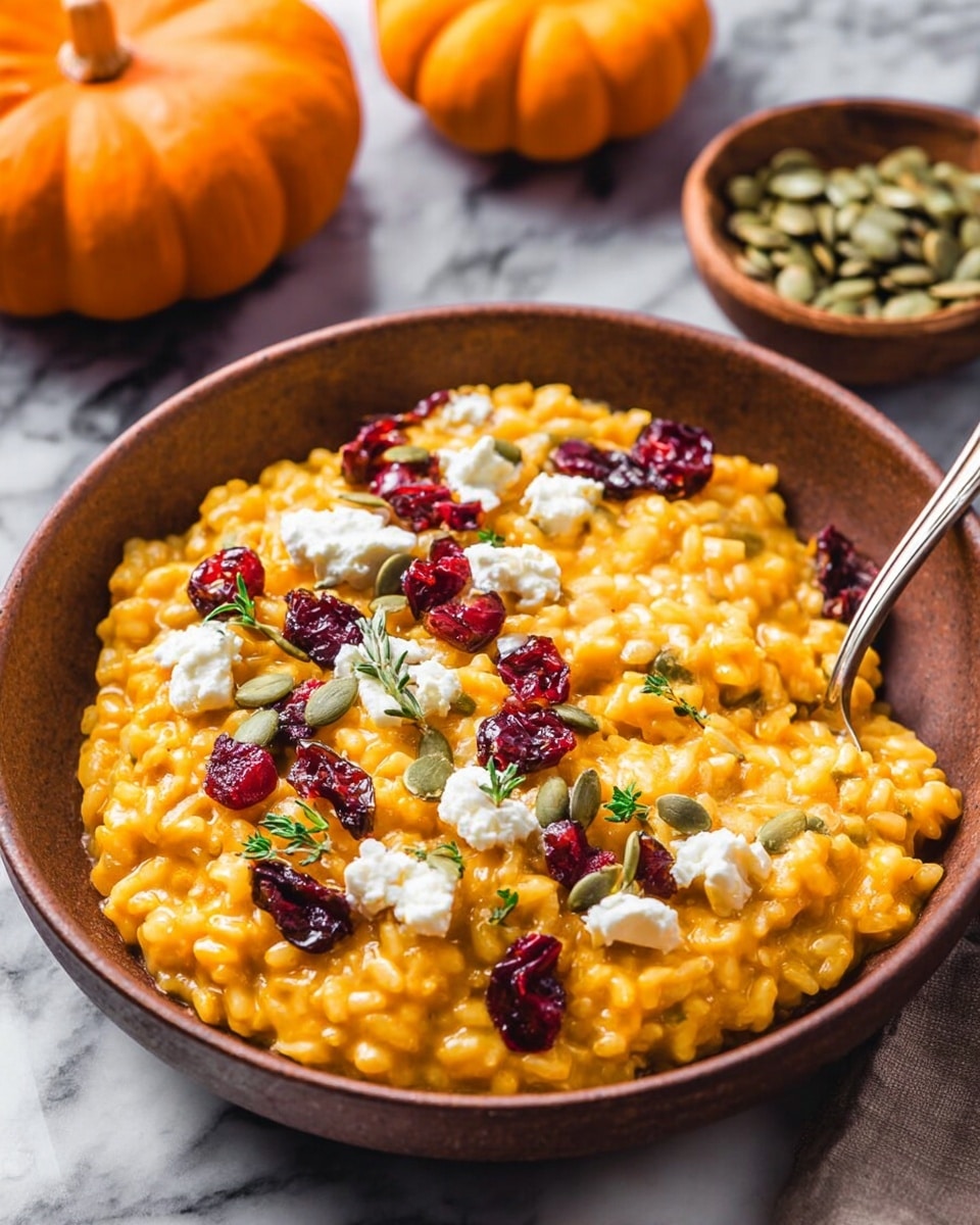 A brown bowl filled with a creamy, bright orange risotto as the base layer, showing a soft and slightly thick texture. Scattered on top are small white dollops of cheese, dried deep red cranberries, and green pumpkin seeds, adding color contrast and texture variety. A few sprigs of green herbs are sprinkled over the dish. The bowl is set on a white marbled surface with two small pumpkins and a small bowl of pumpkin seeds visible in the blurred background. A metallic spoon is placed on the right side, partially in the risotto. photo taken with an iphone --ar 4:5 --v 7