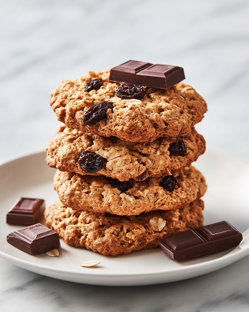 A black tray holds a group of oatmeal cookies with visible oats and dark raisins mixed in, each topped with a small square of glossy dark chocolate. The cookies have a rough, textured surface from the oats, light brown in color with darker brown spots. Two cookies are stacked at the center back of the tray, creating a slight height difference while the others are spread around them, all resting on the tray's flat surface. The scene is set on a white marbled texture background. photo taken with an iphone --ar 4:5 --v 7