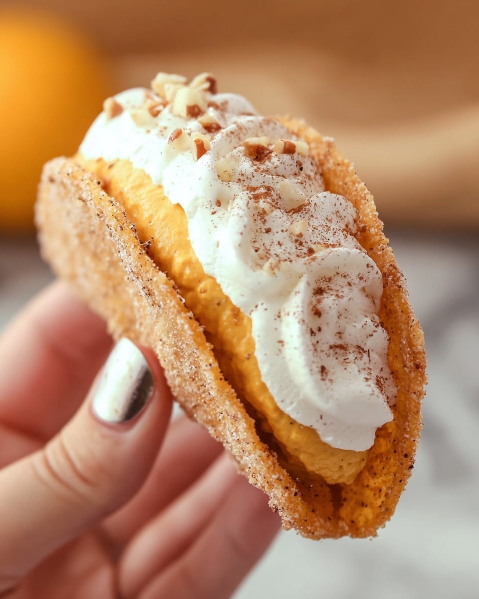 A close-up view of a small taco-shaped dessert held by a woman's hand with long nails painted in a light shade. The taco shell is a crispy, golden-brown pastry coated in sugar and a light dusting of cinnamon, forming the outer layer. Inside, there are two visible layers of filling: the bottom layer is a smooth, bright orange pumpkin-flavored cream, and on top of it is a thick layer of white whipped cream sprinkled with small pieces of nuts and a light dusting of cinnamon. The background is softly blurred with warm tones and an out-of-focus white marbled surface. photo taken with an iphone --ar 4:5 --v 7
