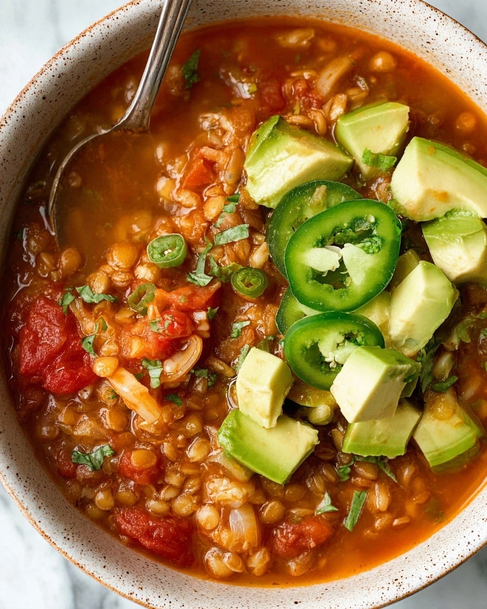 A close-up view of a hearty soup served in a white bowl with a speckled rim, filled with a thick, reddish-orange broth containing cooked barley, lentils, and diced tomatoes visible throughout. On top, there is a generous layer of fresh, chunky avocado pieces that are pale green with smooth texture, accompanied by bright green sliced jalapeños and small green onion rounds. The soup looks rich and textured with bits of onion and herbs scattered, giving a fresh and wholesome feel. A silver spoon is partially submerged on the left side of the bowl, resting on the edge. The bowl is placed on a white marbled surface. photo taken with an iphone --ar 4:5 --v 7
