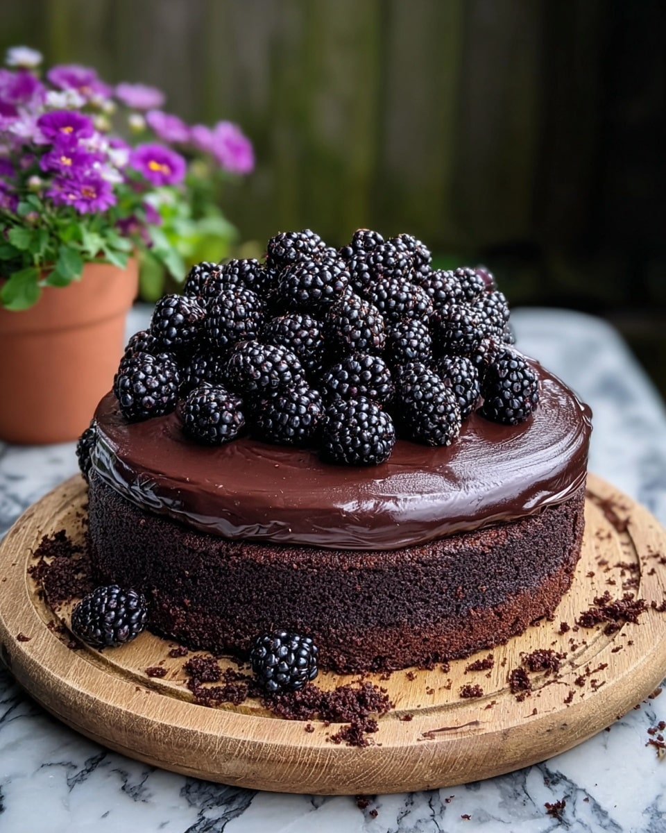 The image shows a two-layer dark chocolate cake placed on a round wooden board over a white marbled surface. The bottom layer is a dark, crumbly chocolate cake, while the top layer is a thick, smooth, shiny chocolate ganache. On top of the ganache, there is a generous pile of fresh blackberries that are glossy and deep purple-black in color. There are some crumbs around the base of the cake on the wooden board, adding a natural, homemade feel to the presentation. The background features a small terracotta pot with vibrant purple flowers and green leaves, slightly blurred to keep the focus on the cake. photo taken with an iphone --ar 4:5 --v 7