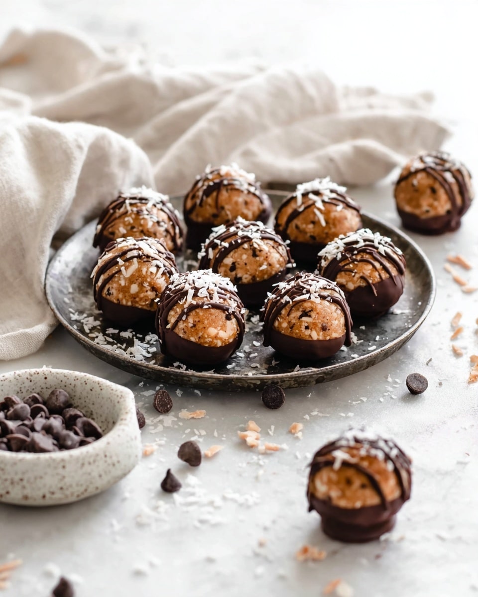 A dark round metal tray holds about twelve small round balls made from a light brown mixture with visible bits, each dipped halfway in dark chocolate at the bottom and drizzled with thin lines of chocolate on the top half, then sprinkled with white coconut flakes. Three similar balls sit outside the tray on a white marbled surface, along with scattered chocolate chips and coconut flakes. Nearby, a white speckled bowl contains small dark chocolate chips. The scene is softly lit with a bright, clean look and a light cloth blurred in the background. Photo taken with an iphone --ar 4:5 --v 7
