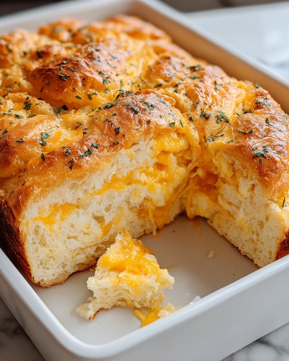 The image shows a golden-brown baked bread with a soft, fluffy texture, cut in the middle to reveal two visible layers of melted cheese and cooked egg yolks inside. The top crust has a slightly crispy texture with small green herb sprinkles scattered over it. The bread is placed in a white rectangular baking dish, sitting on a white marbled surface. A small chunk of the bread with cheese is broken off and rests near the front edge of the dish. photo taken with an iphone --ar 4:5 --v 7