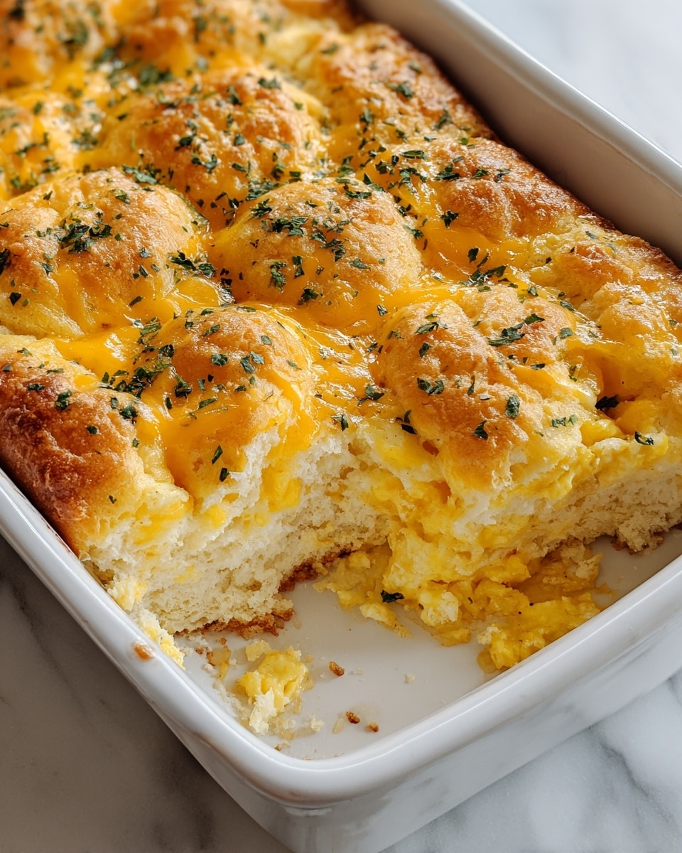 The image shows a white rectangular baking dish filled with a baked breakfast casserole featuring two main layers. The bottom layer is a soft, fluffy biscuit-like bread with a light golden color and airy texture. The middle layer is creamy scrambled eggs mixed with melted yellow cheddar cheese that oozes slightly into the surrounding bread. The top layer consists of a golden-brown biscuit crust dotted with melted cheddar cheese patches and sprinkled with finely chopped green herbs scattered evenly across the surface. The dish sits on a white marbled surface. photo taken with an iphone --ar 4:5 --v 7