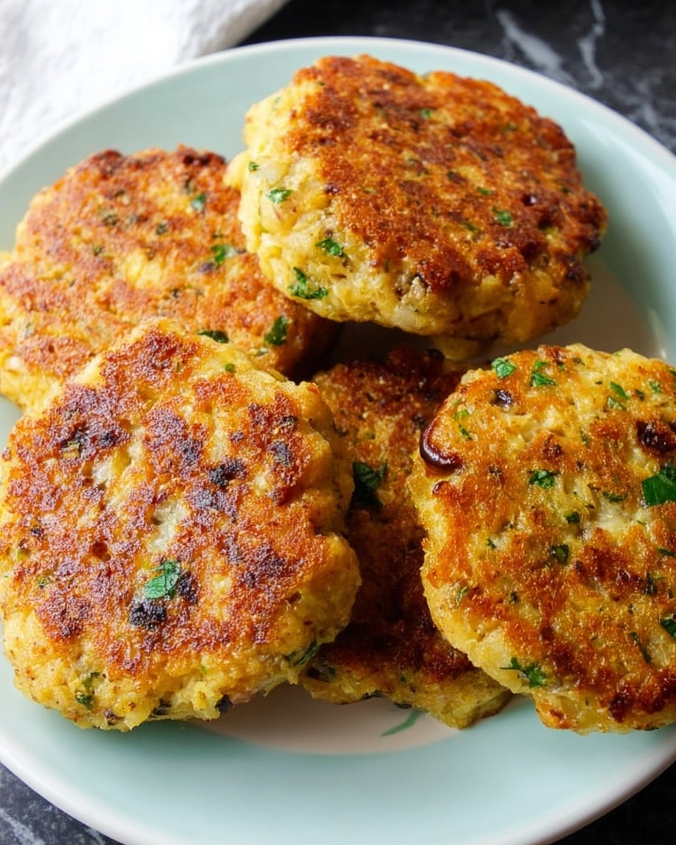 The image shows a group of four golden-brown patties with a slightly rough, crispy surface that has bits of green herbs and small dark bits scattered inside. Each patty looks thick and round with uneven, textured edges. They are placed on a white plate with a pale blue tint, positioned close to each other, and set on a white marbled surface. The patties look freshly cooked with a warm, inviting shine on the top. photo taken with an iphone --ar 4:5 --v 7