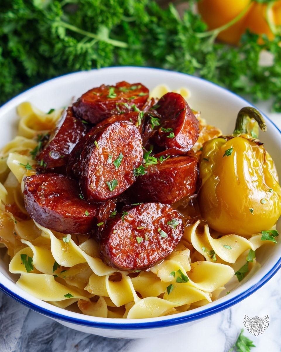 A white bowl with a blue rim holds a layered dish starting with wide, flat egg noodles at the bottom, pale yellow and slightly curled with a soft texture. On top, there are chunky pieces of dark reddish-brown sausage with a shiny, glazed surface, cut into thick rounds showing a moist and dense inside. Next to the sausage, there is a whole yellow pepper with a slightly wrinkled texture and a soft, cooked look. Small bits of green parsley are sprinkled lightly over the sausage, adding pops of fresh color. The bowl is placed on a white marbled surface, with fresh green parsley in the background. Photo taken with an iphone --ar 4:5 --v 7