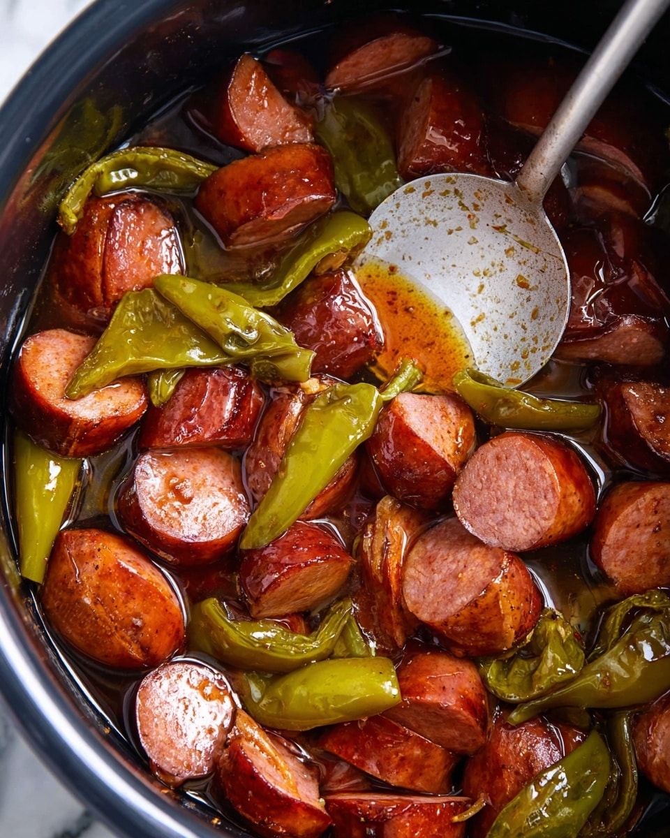 The image shows thick slices of glossy, cooked sausage in a dark pot, mixed with bright yellow-green pepperoncini peppers. The sausage pieces are shiny and reddish-brown on the outside with a pinkish interior. The pot has a grey metal spoon with a worn white scoop part, partially submerged in the sausage and peppers soaking in a thin, shiny sauce at the bottom. The pot and contents take up most of the frame over a white marbled surface. photo taken with an iphone --ar 4:5 --v 7