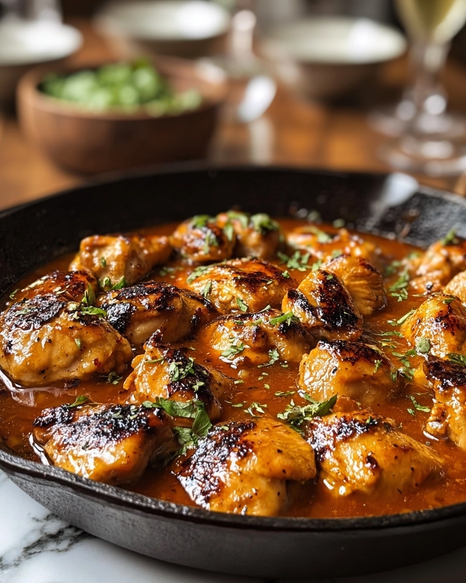 The image shows a black cast iron pan filled with golden brown chicken pieces that have a slightly charred look on the edges. The chicken is covered in a shiny, rich brown sauce that pools slightly at the bottom of the pan. Small green herb leaves are scattered on top, adding contrast to the warm colors of the chicken and sauce. The pan sits on a white marbled surface, with blurred bowls and a glass in the background, creating a cozy and inviting atmosphere. photo taken with an iphone --ar 4:5 --v 7