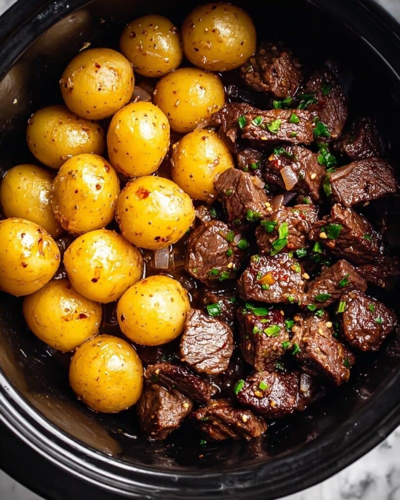 Slow Cooker Garlic Butter Beef Bites with Potatoes Recipe