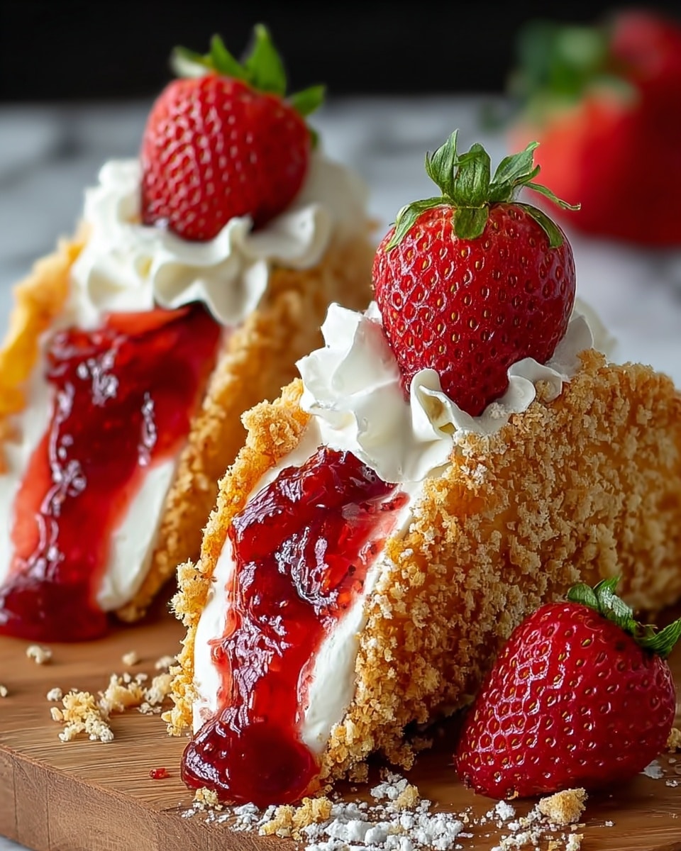 Two dessert tacos are shown on a wooden surface with a white marbled texture beneath, each taco shell coated in a crumbly golden crust. Inside each shell, there are three visible layers: a smooth white cream filling at the bottom, a thick bright red strawberry jam layer in the middle slowly dripping out, and a dollop of fluffy white whipped cream on top. Each taco is crowned with a halved fresh strawberry, glossy and vibrant red with green leaves attached. A whole fresh strawberry is placed beside the tacos, and some white crumbs are scattered around them, enhancing the texture. The photo taken with an iphone --ar 4:5 --v 7