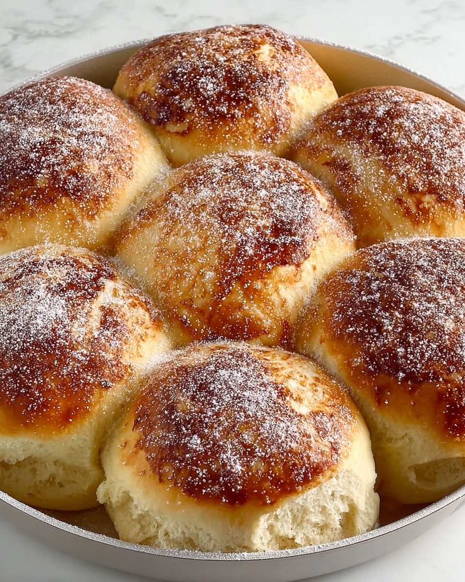 A round white dish filled with nine soft, browned buns closely packed together. Each bun has a golden top with a slightly crispy texture, dusted evenly with fine white powdered sugar. The buns have a light, fluffy appearance with a smooth surface that is slightly shiny from baking. The background is a white marbled texture. photo taken with an iphone --ar 4:5 --v 7