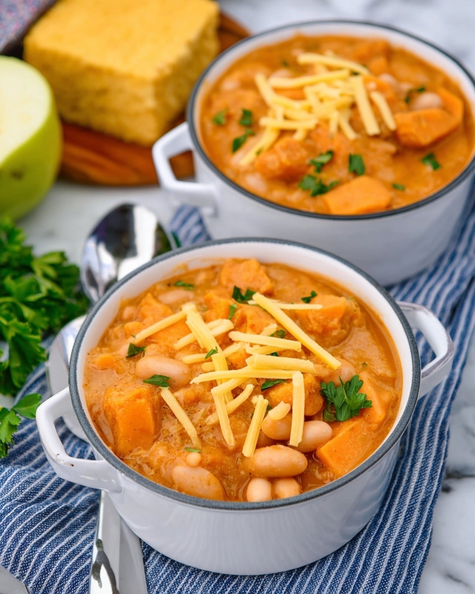 The image shows two white pots filled with a creamy orange stew loaded with white beans and chunks of orange sweet potatoes. The stew is topped with thin strips of shredded yellow cheese and small green parsley leaves scattered on the surface. The pots rest on a blue and white striped cloth on a white marbled surface. In the background, there is a partially cut green apple and a square piece of cornbread, adding more color and texture to the scene. photo taken with an iphone --ar 4:5 --v 7