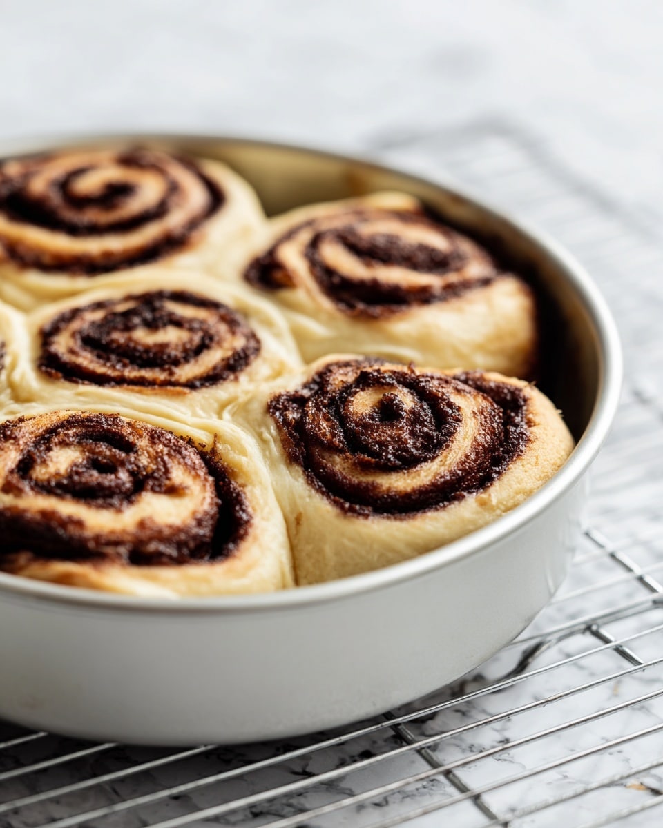 A round white metal pan holds five unbaked cinnamon rolls closely placed side by side, showing two clear layers: a light beige dough base and a dark brown cinnamon sugar filling swirled inside each roll in a spiral pattern. The dough looks soft and slightly puffy, with uneven edges where the rolls meet. The pan sits on a metal cooling rack over a white marbled surface, and the photo is focused mostly on the front roll, giving a cozy, homemade feel. photo taken with an iphone --ar 4:5 --v 7