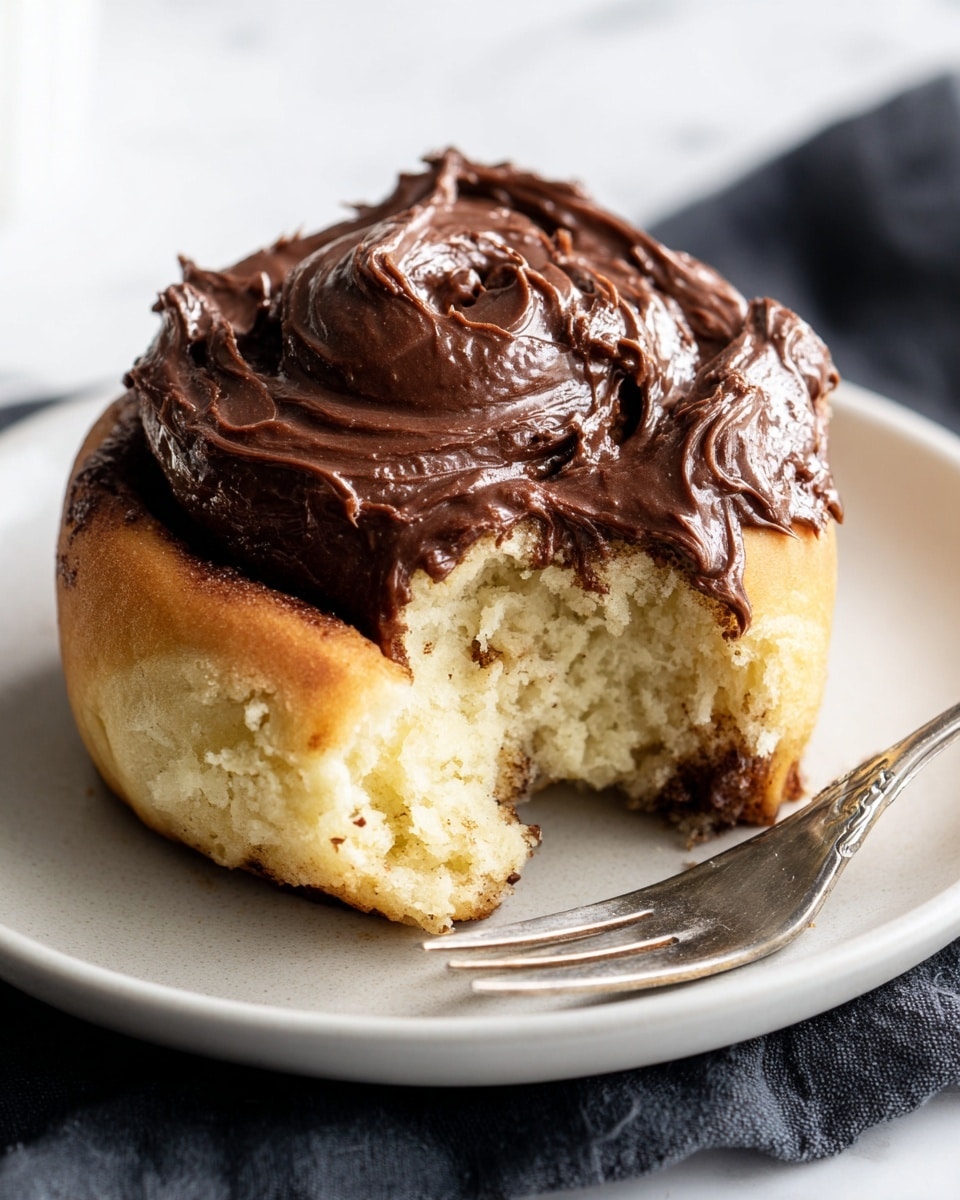 A close-up of a soft cinnamon roll with one bite taken out, showing its fluffy, light beige inside texture. It has one thick layer of rich, glossy dark brown chocolate frosting spread unevenly on top in swirls. The roll sits on a simple white plate with a silver fork on the right side. The plate is placed on a dark cloth over a white marbled surface. Photo taken with an iphone --ar 4:5 --v 7