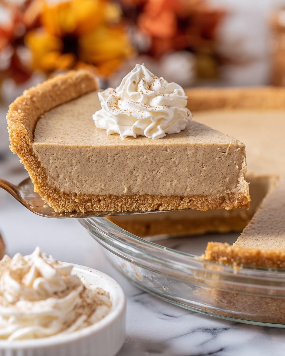 A close-up of a single slice of light brown pie with a smooth, slightly grainy texture being lifted from a whole pie in a clear glass pie dish. The pie has two visible layers: a thin, firm golden crust at the bottom and sides, and a thick, creamy filling that is light brown and speckled with darker bits, holding its shape well. The edges of the crust are gently crimped and the pie sits on a white marbled surface. In the foreground, there is a small white bowl with a swirl of white whipped cream sprinkled with a light dusting of spice. The background is softly blurred with autumnal decorations showing warm orange, yellow, and brown tones. photo taken with an iphone --ar 4:5 --v 7