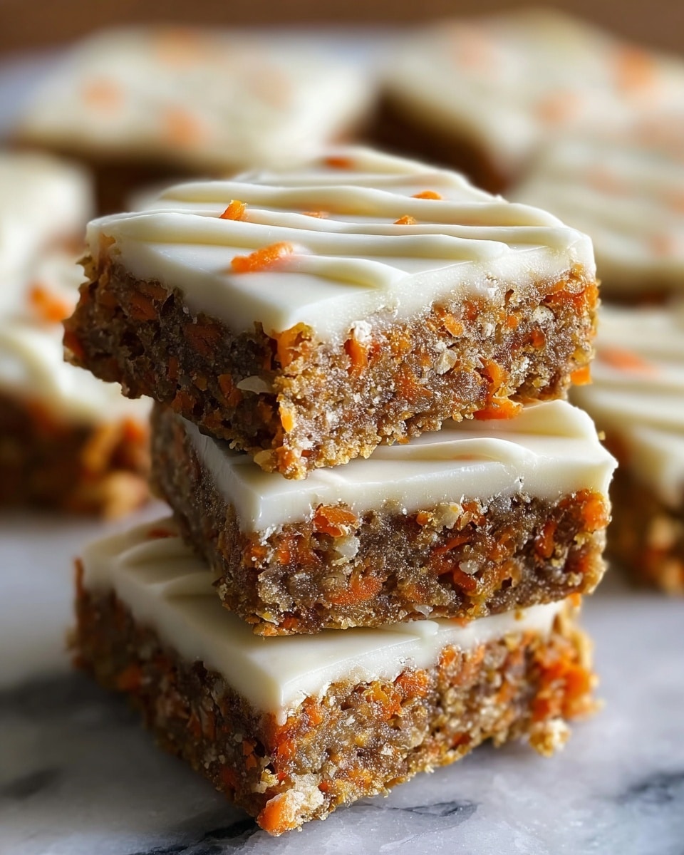 The image shows a stack of three square carrot cake bars on a white marbled surface. Each bar has two visible layers: a bottom layer of moist carrot cake with visible orange carrot pieces and a slightly crumbly texture, and a top layer of smooth, creamy white frosting. The frosting is decorated with thin white icing lines drizzled across the top of the bars. The carrot cake has a rich brown color with orange specks from the carrots, and the bars appear thick and dense, with the top bar slightly tilted to reveal the layers clearly in a close-up view. In the blurred background, more bars are visible, enhancing the focus on the main stack. Photo taken with an iphone --ar 4:5 --v 7