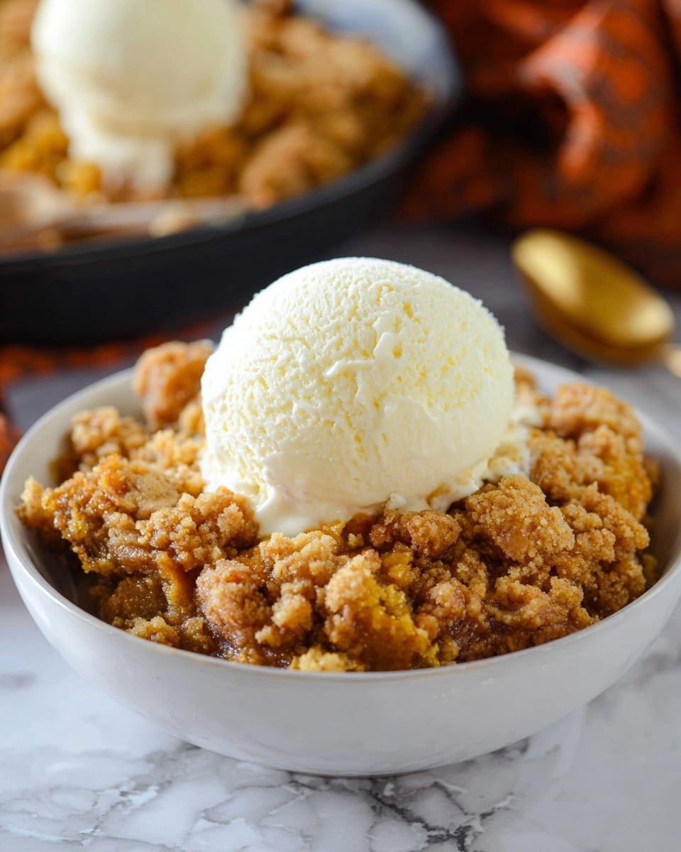 A white bowl filled with a warm, crumbly pumpkin dessert as the first layer, showing a mix of orange and brown textures that look soft and crunchy. On top is a single round scoop of creamy vanilla ice cream with a smooth, pale yellow-white color. The bowl is placed on a surface with a white marbled texture, giving a clean and bright look. In the background, there is another white bowl with the same dessert and two scoops of vanilla ice cream, slightly out of focus. A gold spoon is also seen in the background near the bowl. photo taken with an iphone --ar 4:5 --v 7