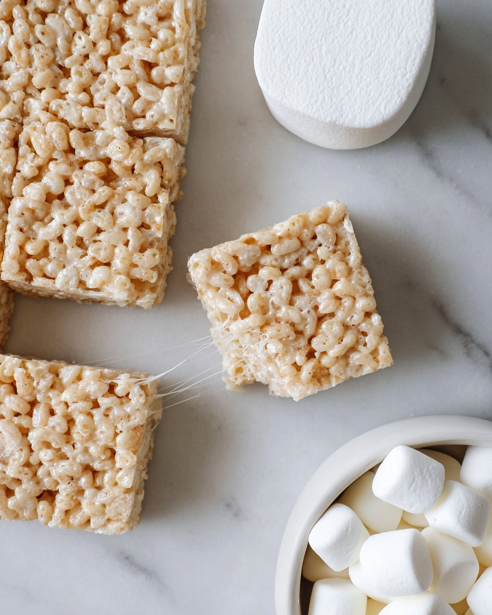 The image shows a close-up of a square rice crispy treat made of puffed rice cereal coated in melted marshmallow, with light golden and creamy white colors visible in the crispy texture. One square piece is slightly pulled away from the others, creating thin, sticky marshmallow strands connecting it to the rest. The treats are placed on a white marbled surface, with a single large, soft white marshmallow resting nearby. In the bottom right corner, there is a white bowl partially filled with more large white marshmallows. photo taken with an iphone --ar 4:5 --v 7