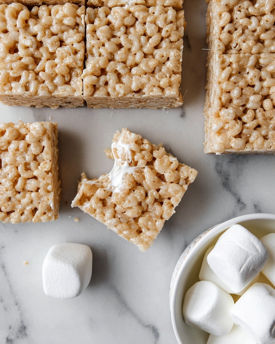 The image shows several square rice crispy treats, each made of one thick layer of golden brown puffed rice cereal coated in a sticky, shiny melted marshmallow mixture, arranged closely on a white marbled surface with one square slightly pulled away showing some stretchy melted marshmallow strands. In the bottom right corner, a white bowl holds several large soft white marshmallows, with one marshmallow placed outside the bowl on the marbled surface. The overall look is gooey and chewy with a mix of rough puffed rice texture and smooth marshmallow shine. photo taken with an iphone --ar 4:5 --v 7