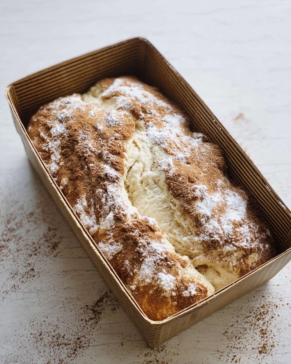 A loaf of unbaked bread dough inside a brown corrugated cardboard pan, with a cracked top showing soft, pale cream dough underneath. The dough is covered with a layer of brown cinnamon powder and a dusting of white powdered sugar scattered unevenly on top. The surface around the pan is white marbled texture. photo taken with an iphone --ar 4:5 --v 7