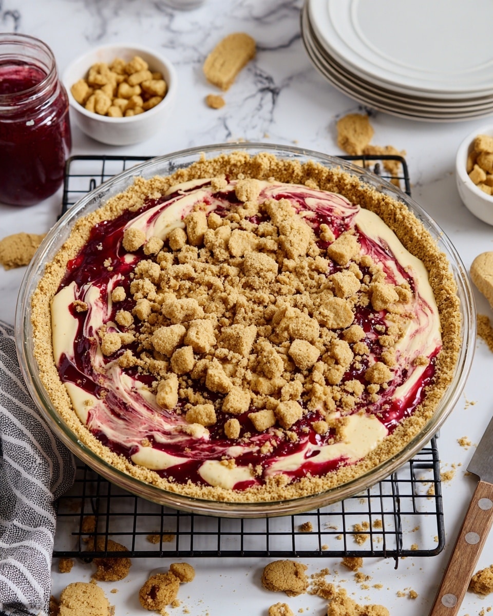A clear glass pie dish holds a pie with three visible layers. The bottom layer is a thick, crumbly golden crust that presses against the pie dish edges. The next layer is creamy and light tan, spread evenly but with swirl patterns of deep red fruit filling mixed in, creating marbled streaks all over. On top, there is a rough crumbly topping of large and small golden-brown chunks clustered mainly in the center. The pie sits on a black wire cooling rack on a white marbled surface, surrounded by scattered crumb pieces, broken cookie pieces, a small white bowl of chopped light brown nuts, a jar of red jam, a folded gray and white striped cloth, a knife with a wooden handle, and a stack of simple white plates. photo taken with an iphone --ar 4:5 --v 7