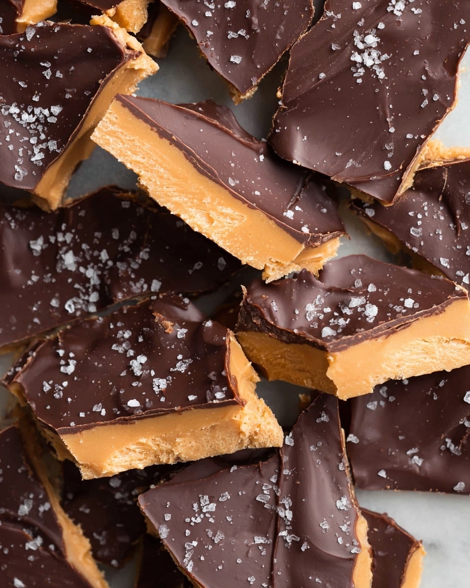 The image shows broken pieces of a layered chocolate and peanut butter bark scattered closely together on a white marbled surface. Each piece has two clear layers: a thick bottom layer of creamy, soft peanut butter in a pale orange color and a dark, smooth chocolate layer on top. The chocolate is shiny and has small waves, with coarse salt flakes sprinkled across it, adding a crunchy texture. The broken edges reveal the soft contrast between the dark chocolate top and the lighter peanut butter bottom, with some crumbs visible around the pieces. photo taken with an iphone --ar 4:5 --v 7