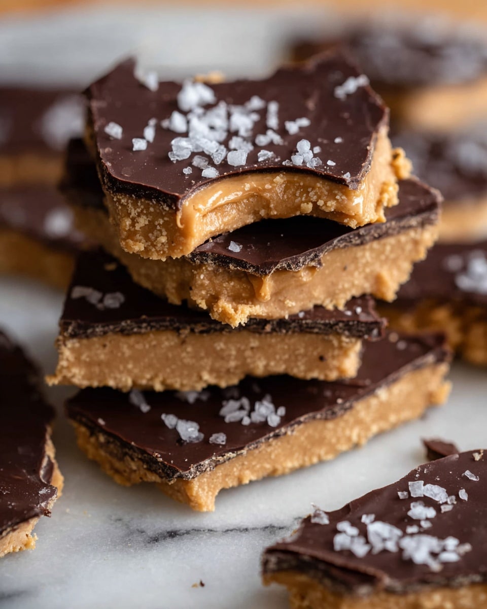 The image shows a stack of chocolate peanut butter bark pieces on a white marbled surface. Each piece has two visible layers: a thick, rough-textured light brown peanut butter base on the bottom and a smooth, dark chocolate layer on top. The chocolate layer is sprinkled with coarse white sea salt flakes, adding a contrast in texture and color. The top piece has a bite taken out, revealing the creamy peanut butter filling inside. More broken pieces are scattered in the background, all sharing the same layered look. photo taken with an iphone --ar 4:5 --v 7
