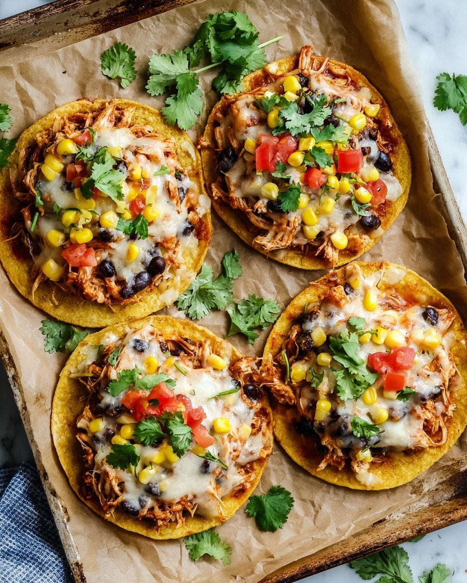 Four tostadas are placed on a tray lined with brown paper. Each tostada has three visible layers: a crispy yellow corn tortilla at the base, topped with shredded chicken mixed with black beans, and then covered with melted white cheese. On top of the cheese, there are bright yellow corn kernels, small red tomato pieces, and fresh green cilantro leaves scattered around, adding color and freshness. Some cilantro leaves also lie on the paper around the tostadas. The scene is set on a white marbled surface with a blue and white cloth partially visible in the background. photo taken with an iphone --ar 4:5 --v 7