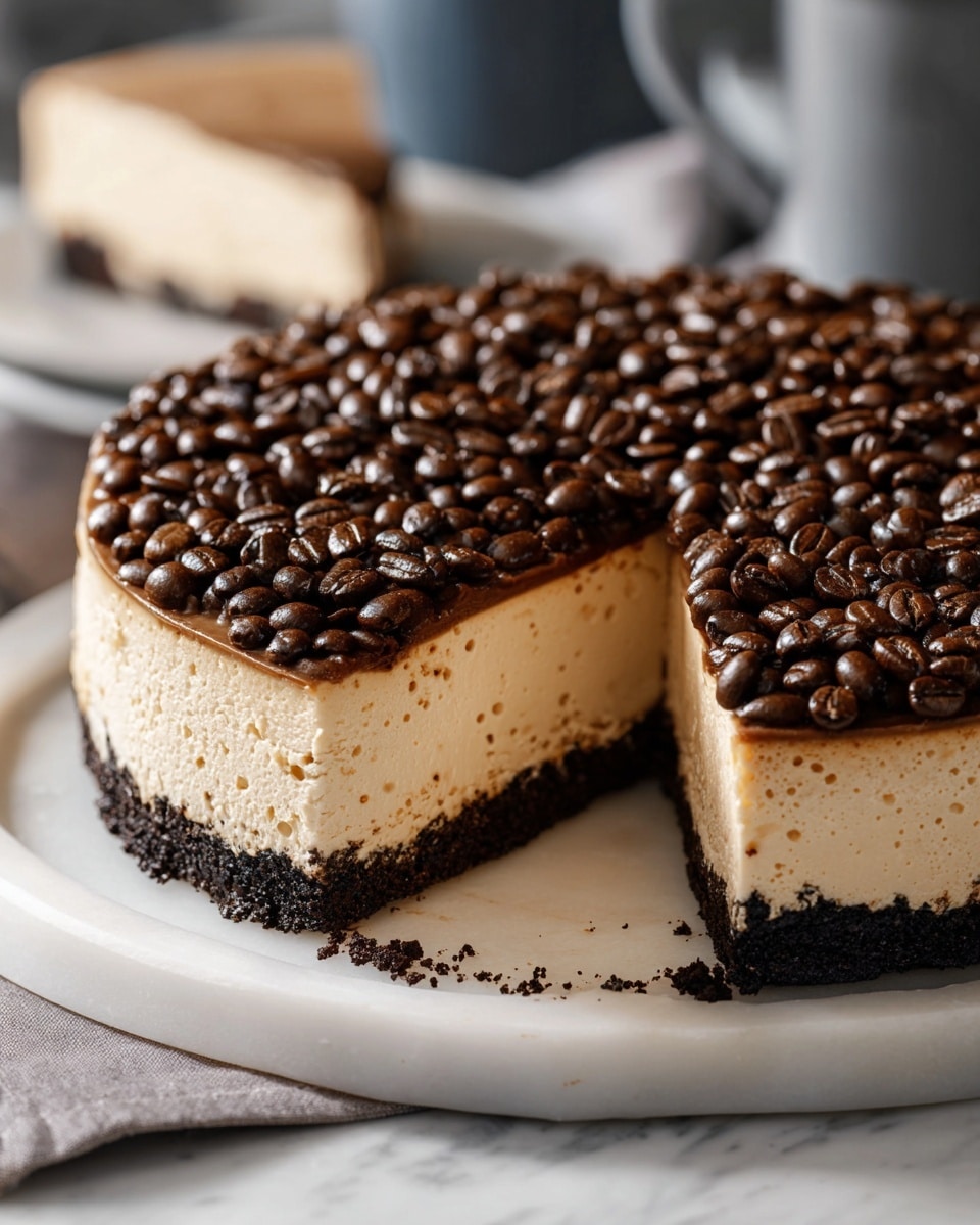 The image shows a three-layer coffee-flavored cheesecake on a white plate placed on a white marbled surface. The bottom layer is a dark, crumbly chocolate crust with a rough texture. The middle layer is thick and creamy with a pale beige color, smooth texture, and some small air holes, making up most of the cake’s height. The top layer is covered fully with shiny, dark brown coffee beans, creating a textured, glossy surface. One slice is missing, revealing the creamy inside between the crust and coffee bean topping. Photo taken with an iphone --ar 4:5 --v 7