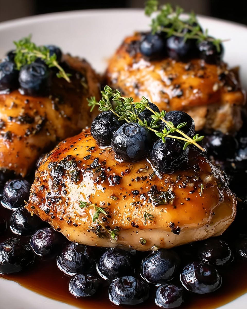 Three pieces of grilled chicken are placed closely on a white plate on a white marbled texture. Each chicken piece is golden brown with a shiny glaze and specks of black pepper and herbs. The top of each chicken piece is decorated with a small bunch of fresh thyme and several dark, glossy blueberries. Around the chicken, more blueberries rest in a pool of dark, syrupy sauce that reflects light, giving a sticky and rich look. The image is focused on the front chicken piece, showing clear texture and shine, while the other pieces softly blur in the background. photo taken with an iphone --ar 4:5 --v 7