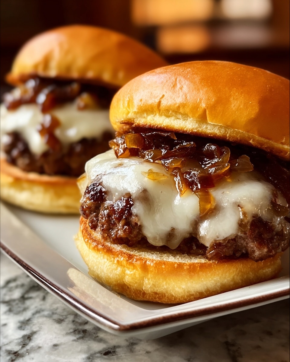 Two cheeseburgers sit side by side on a white plate with a shiny surface, placed on a white marbled texture. Each burger has a soft golden brown bun as the top layer, underneath which are caramelized onions with a glossy, dark amber color. Below the onions is a layer of melted white cheese that drapes over thick, juicy dark brown beef patties. The base of each burger is a toasted golden bottom bun with a slightly crispy texture. The background is softly blurred, focusing attention on the close-up details of the burgers. Photo taken with an iphone --ar 4:5 --v 7
