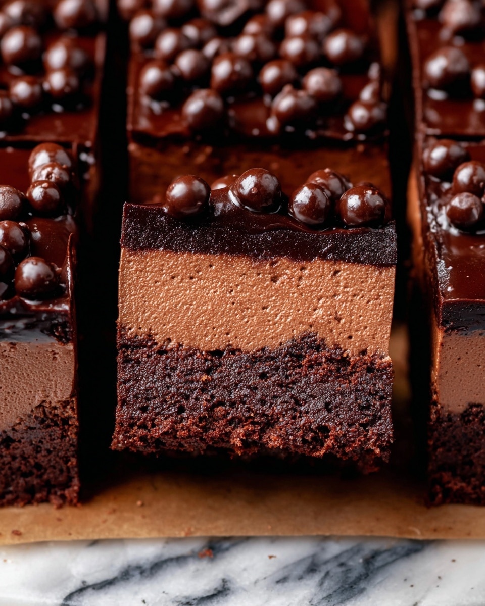 The image shows a close-up of a chocolate dessert cut into square layers, with one piece lifted to show its side view. The dessert has three distinct layers: a dense, dark brown base layer, a middle layer of lighter brown chocolate mousse with a smooth and airy texture, and a top layer of glossy dark chocolate ganache, decorated with small round chocolate balls scattered over the surface. The dessert pieces are arranged closely together on a white marbled texture. Photo taken with an iphone --ar 4:5 --v 7