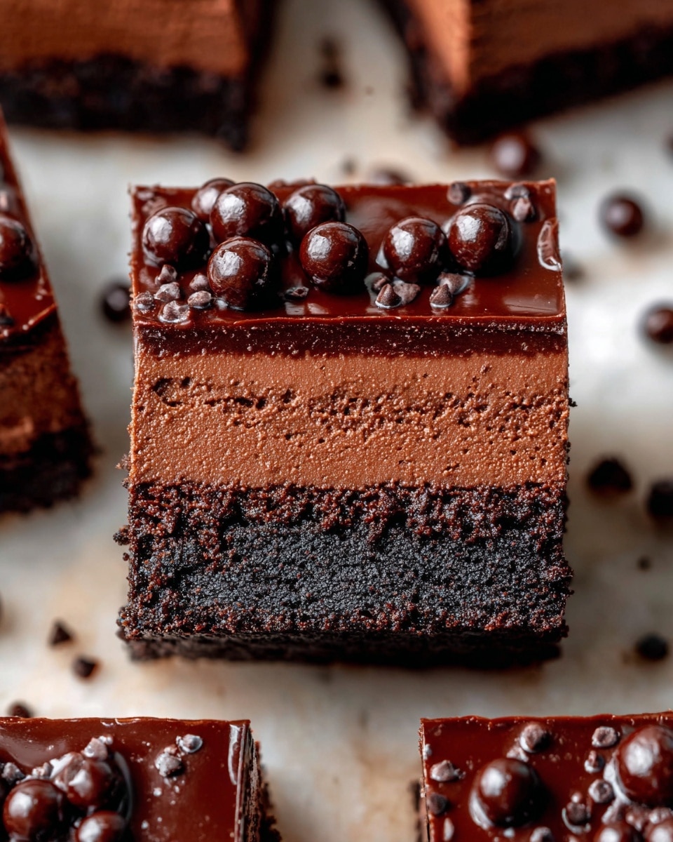 The image shows two stacked square pieces of rich chocolate cake on a white marbled surface. Each piece has three visible layers: a dark chocolate cookie crumb crust at the bottom, a thick middle layer of dense chocolate mousse with a slightly crumbly texture, and a smooth, shiny layer of chocolate ganache on top. This top layer is decorated with small glossy chocolate balls scattered across the surface. Surrounding the stacked pieces are more square chocolate cake slices with the same layers and toppings, creating a close, inviting look at the dessert. Photo taken with an iphone --ar 4:5 --v 7
