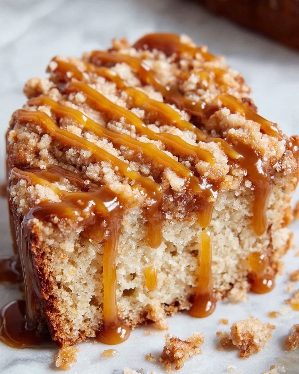 A close-up of a single slice of crumb-topped cake with a golden brown crust and light beige crumb layer. The crumb topping has a slightly rough texture with small crunchy bits, spread evenly on top. Thick caramel sauce is drizzled over the crumb topping, with glossy, amber-colored stripes running diagonally across the slice and dripping down the edges. The slice rests on a white marbled surface with some crumbs scattered nearby. Photo taken with an iphone --ar 4:5 --v 7