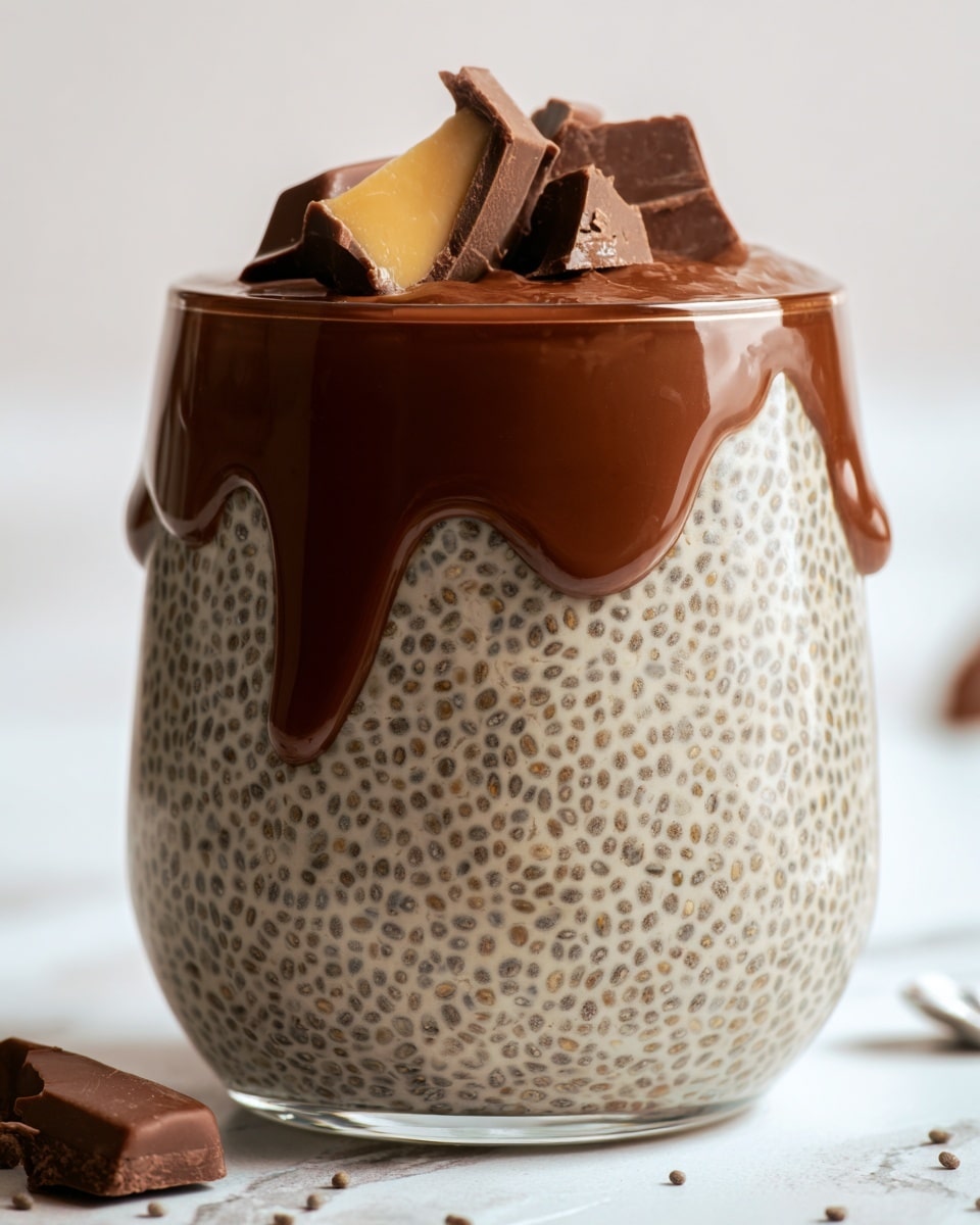 A clear glass filled with two layers: the bottom layer is a creamy beige chia pudding with visible small black chia seeds, and the top layer is a thick, shiny dark brown chocolate sauce dripping slightly over the edge of the chia pudding. On top of the chocolate sauce, there are a few pieces of smooth, broken chocolate in both dark and light brown shades. The glass sits on a white marbled surface with a soft, bright background. Photo taken with an iphone --ar 4:5 --v 7
