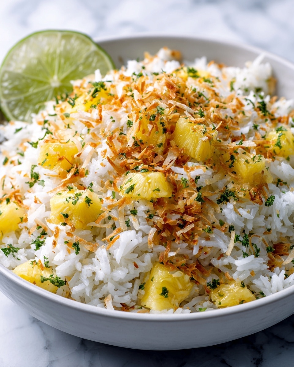 A white bowl filled with white rice mixed with bright yellow pineapple chunks, topped with golden brown toasted coconut flakes and small pieces of green herbs scattered evenly on top. A fresh lime slice rests near the edge of the bowl. The dish shows a mix of soft rice texture with juicy pineapple and crunchy coconut, set against a soft focus, white marbled background. photo taken with an iphone --ar 4:5 --v 7
