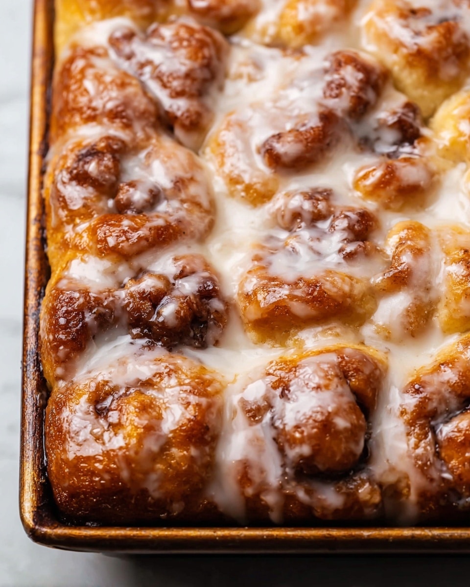 A close-up view of a tray filled with a baked dish of soft, golden brown rolls that have a slightly crispy texture on top. The rolls are clustered together, covered with a thick, glossy white glaze that is unevenly spread, creating shiny patches and drips over the surface. The glaze contrasts with the warm brown and slightly darker toasted spots on the rolls, giving a fresh and tempting look. The tray edges show the baked dough slightly puffed up and caramelized around the sides, sitting on a white marbled background. photo taken with an iphone --ar 4:5 --v 7
