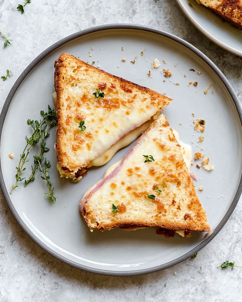 The image shows several square grilled cheese sandwiches on a silver baking tray placed on a white marbled surface. Each sandwich has two layers of golden-brown toasted bread, and the top is covered with a thick, melted layer of white cheese that is slightly browned with some bubbling. The cheese spills over the edges in places, creating crispy melted bits on the tray. Small green sprigs, likely thyme, are scattered on and around the sandwiches, adding a touch of fresh color. The scene is bright and inviting, highlighting the gooey texture of the cheese and the crunchy crust of the bread. photo taken with an iphone --ar 4:5 --v 7